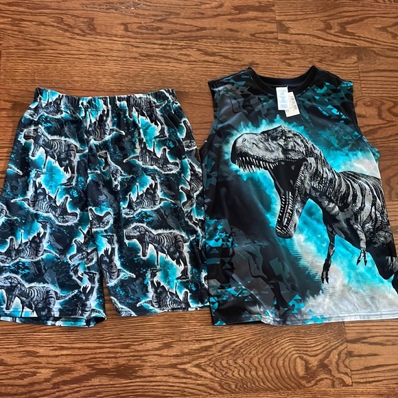 NWT boys dinosaur print 2 piece short set sleeveless top / T-shirt size L 10/12 - Picture 1 of 11